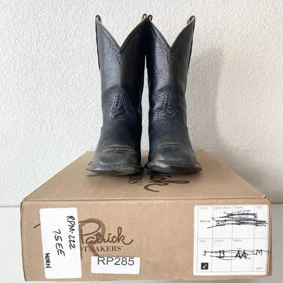 Rod Patrick Mens Cowboy Boots 7.5EE Black Smooth Ostrich Western Square Toe